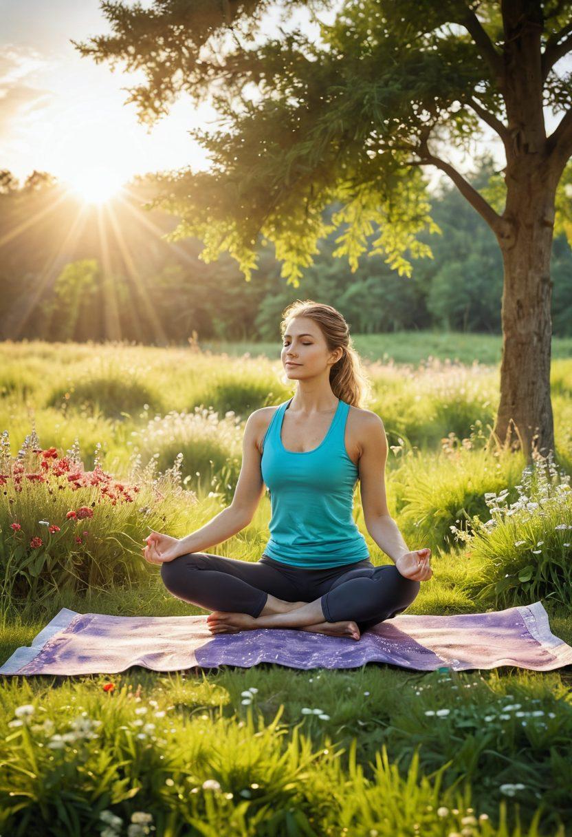 A serene landscape featuring a bright sunrise over a lush green meadow, dotted with vibrant wildflowers. In the foreground, a collection of colorful nutritional supplements is arranged artistically, symbolizing vitality and wellness. Soft rays of sunlight filter through the trees, casting a warm glow on a person practicing yoga, radiating joy and tranquility. The scene conveys a harmonious balance between nature and health. vibrant colors. super-realistic.
