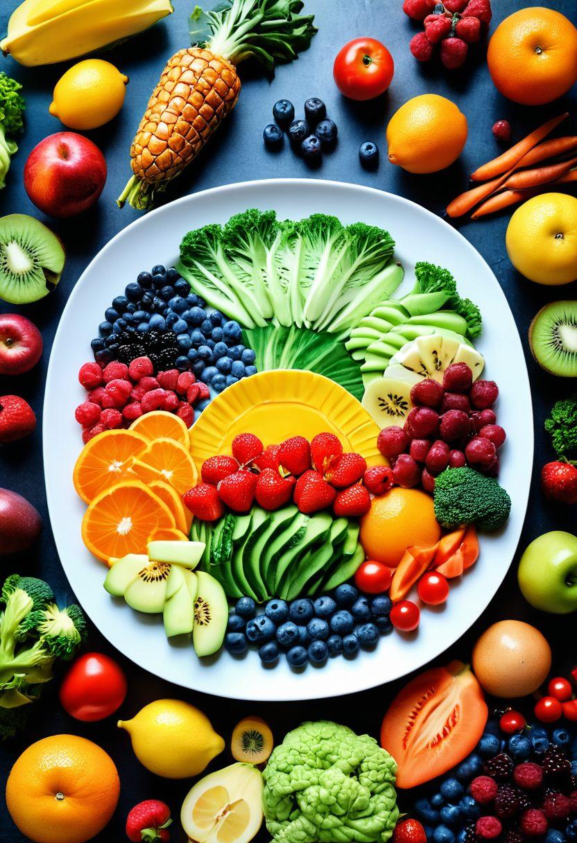 A vibrant, colorful plate filled with fresh fruits, vegetables, and various dietary supplements arranged artistically. In the background, a serene landscape depicting a sunrise symbolizing joy and revitalization. Incorporate elements representing health, like a glowing aura around the plate, and an immune shield icon subtly integrated. The overall atmosphere should radiate positivity and wellness. super-realistic. vibrant colors. soft focus.