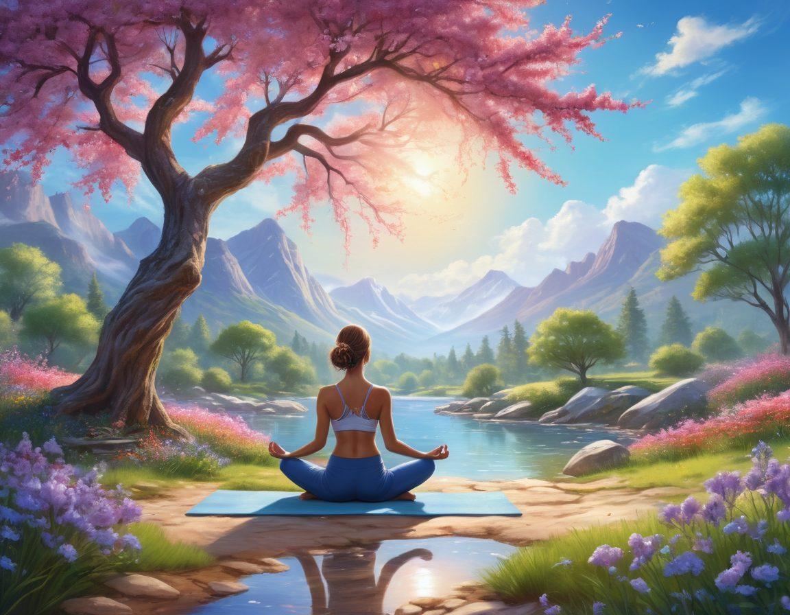 A serene landscape transitioning from a sunny, cheerful environment to a calm, blissful scene, featuring a person practicing yoga under a blooming tree, surrounded by vibrant flowers and gentle streams. Include symbolic elements like essential oils, herbal teas, and meditation stones to represent holistic wellness. The sky should blend from bright blue to soft pastel shades, enhancing the peaceful atmosphere. super-realistic. vibrant colors. ethereal lighting.